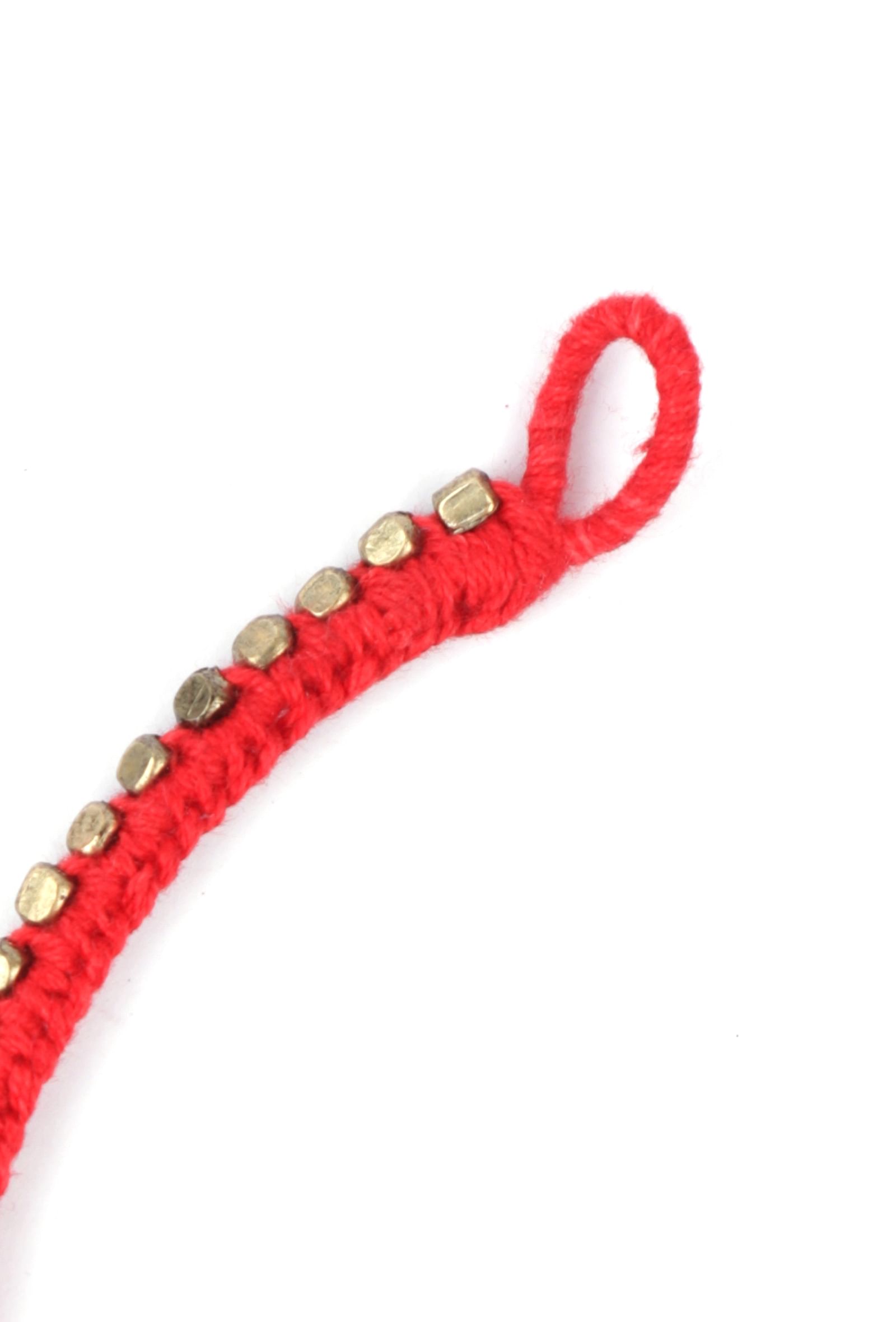 Set Of 2: Yashika Red Thread & Antique Plated Brass Beaded Anklets