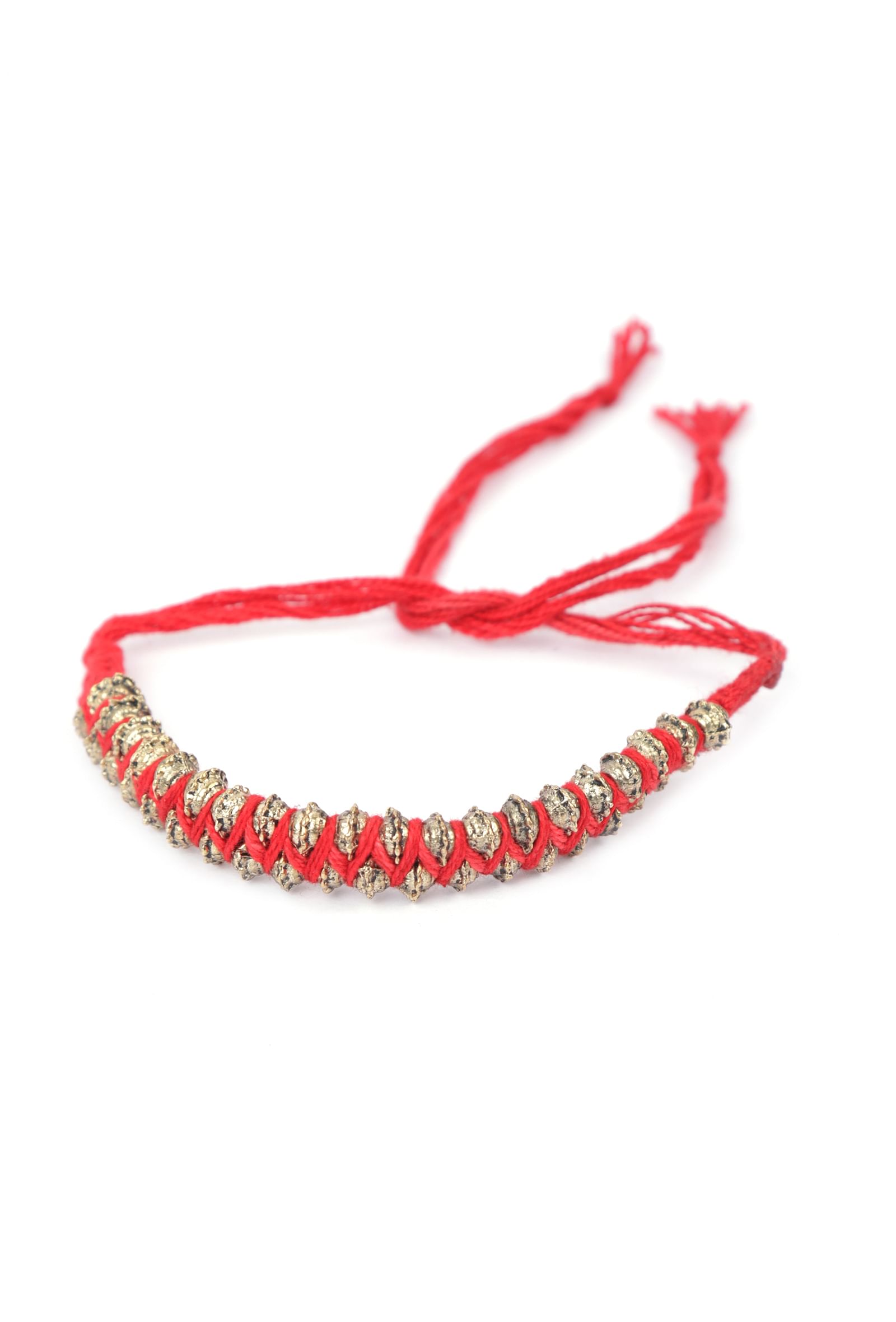 Set Of 2: Diti Red Thread & Antique Plated Brass Beaded Anklets