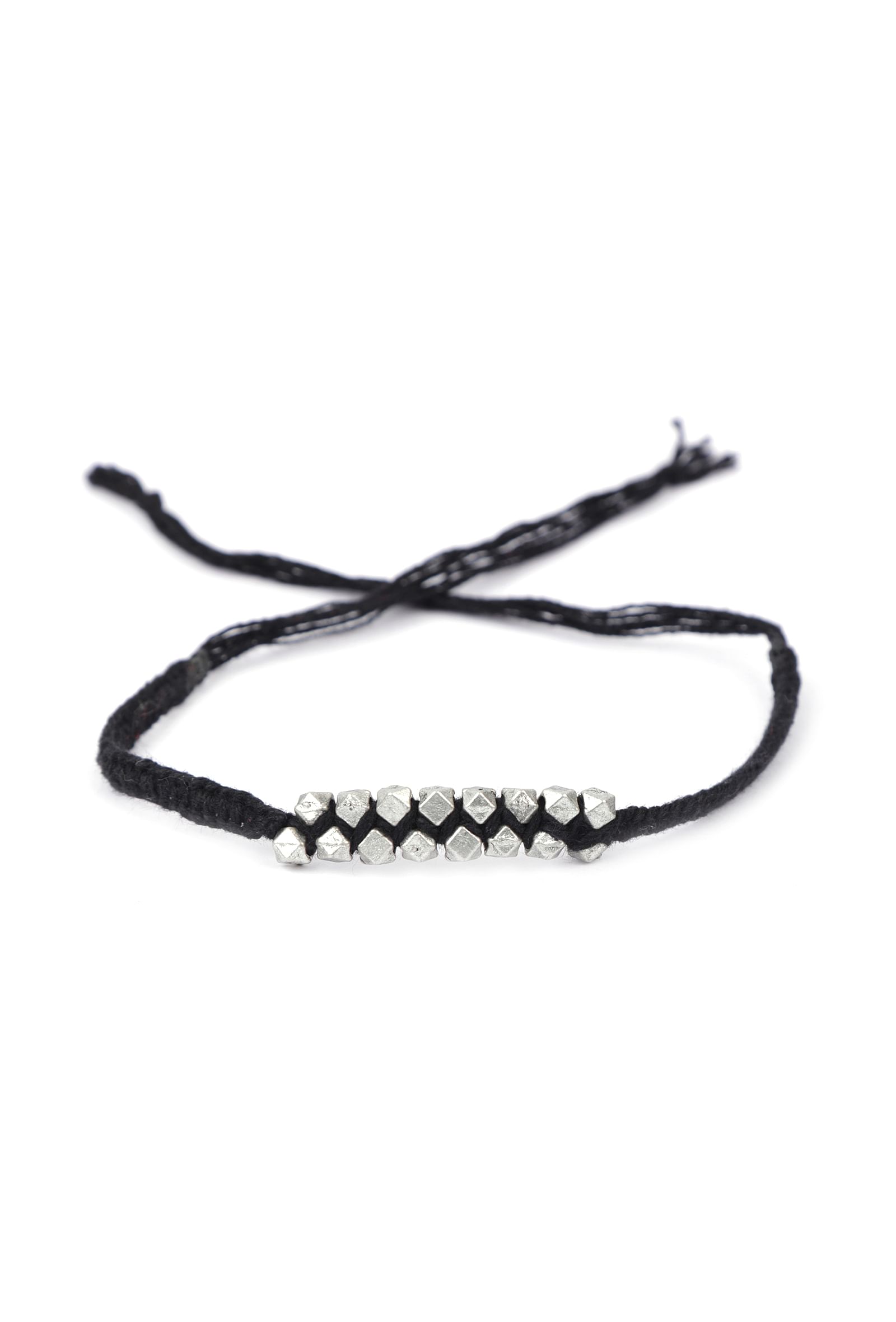 Set Of 2: Amira Black Thread & Antique Plated Brass Beaded Anklets