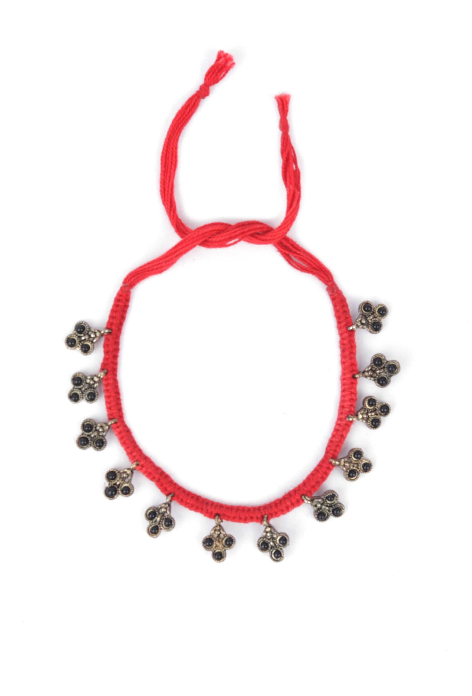 Set Of 2: Mehar Red Thread & Antique Plated Brass Charm Anklets