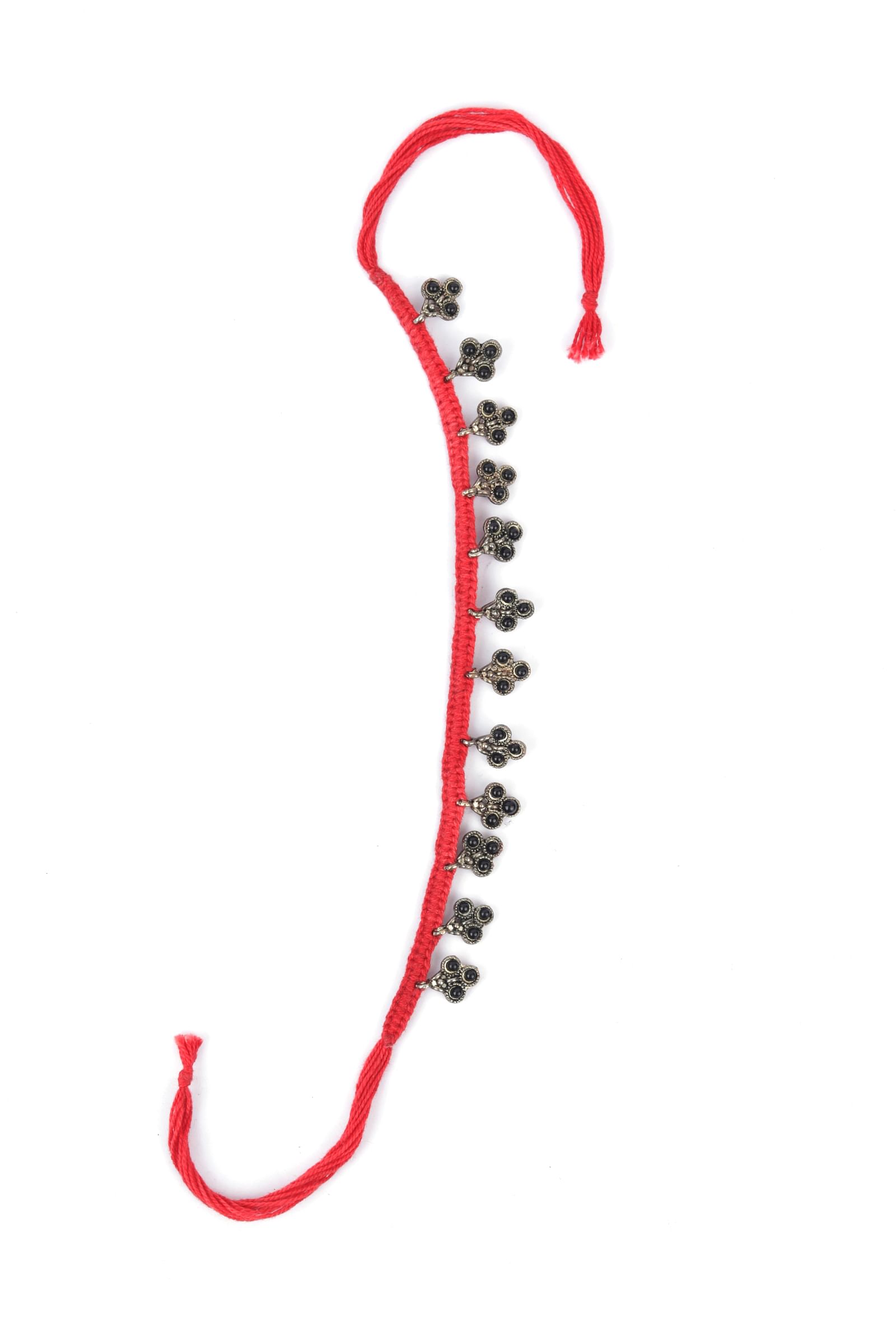 Set Of 2: Mehar Red Thread & Antique Plated Brass Charm Anklets