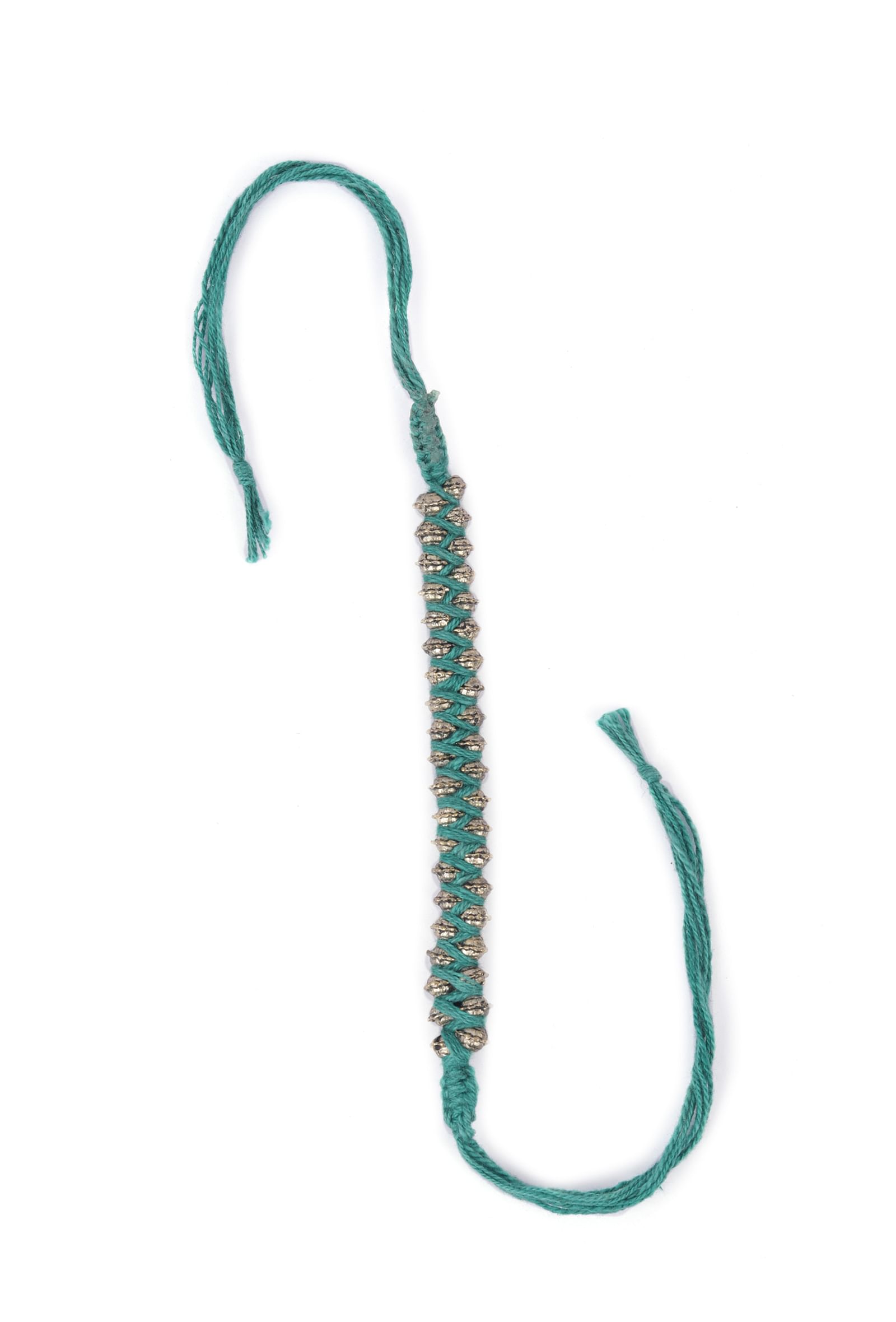 Set Of 2: Rida Pine Green Thread & Antique Plated Brass Beaded Anklets