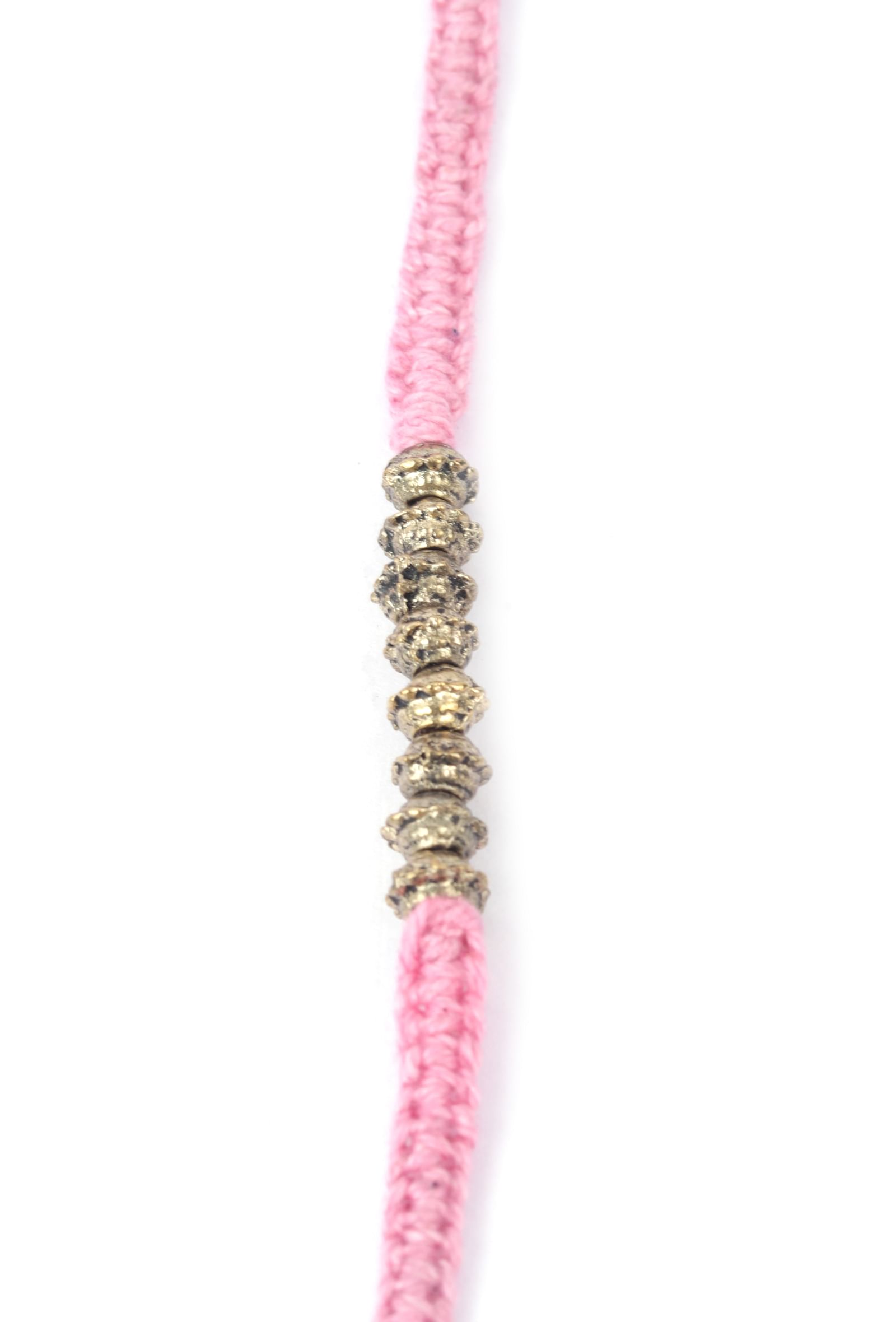 Set Of 2: Ada Pink Thread & Antique Plated Brass Beaded Anklets