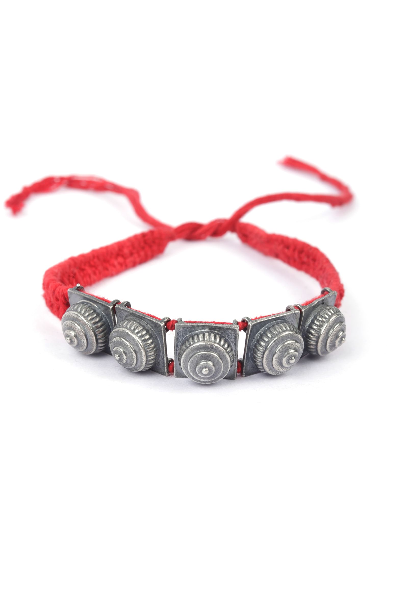 Set Of 2: Red Thread & Antique Plated Brass Beaded Anklets