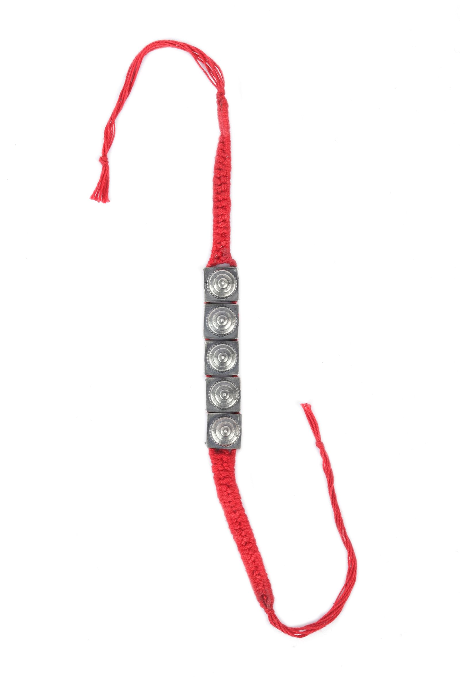 Set Of 2: Red Thread & Antique Plated Brass Beaded Anklets