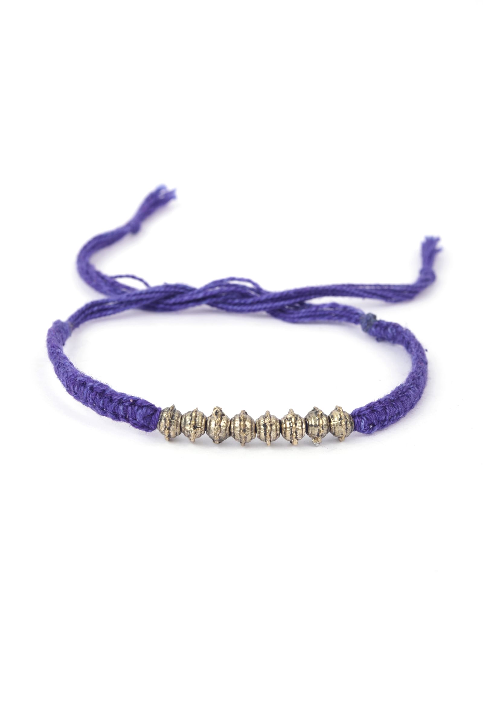 Set Of 2: Inika Purple Thread & Antique Plated Brass Beaded Anklets