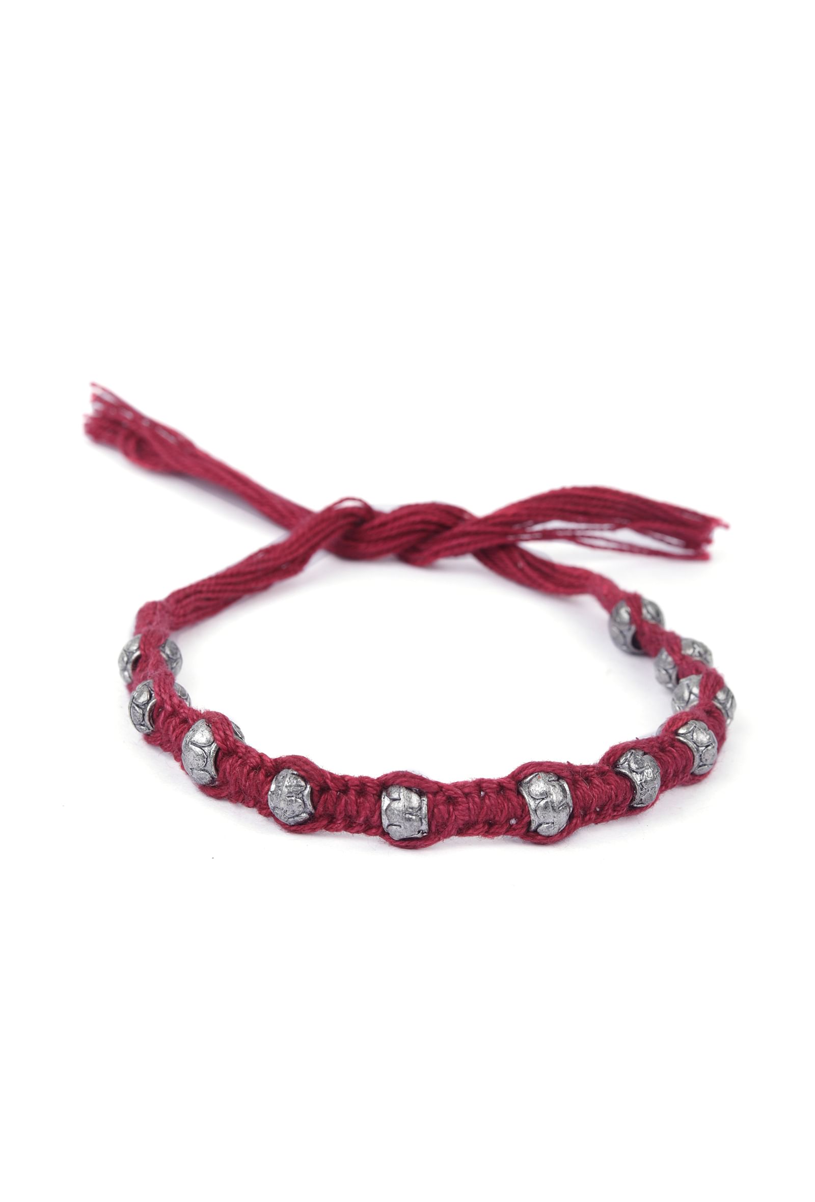 Set Of 2: Ipsha Maroon Thread & Antique Plated Brass Beaded Anklets