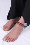 Set Of 2: Tasha Maroon Thread & Antique Plated Brass Beaded Anklets