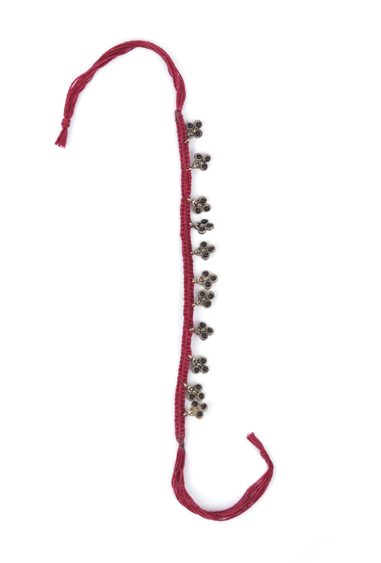 Set Of 2: Tasha Maroon Thread & Antique Plated Brass Beaded Anklets