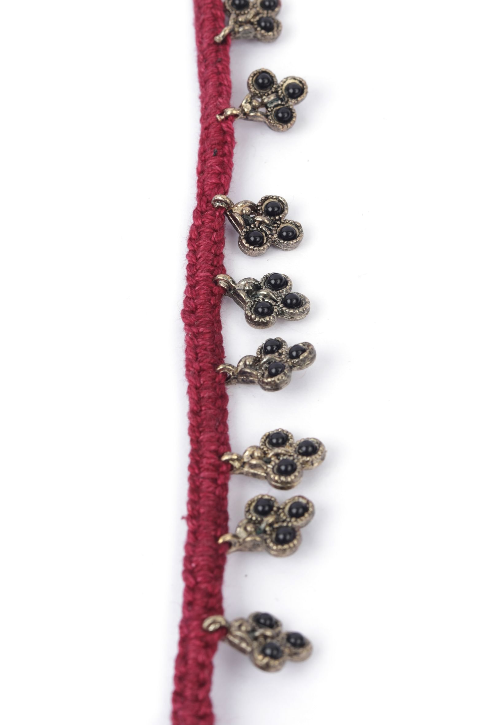 Set Of 2: Tasha Maroon Thread & Antique Plated Brass Beaded Anklets