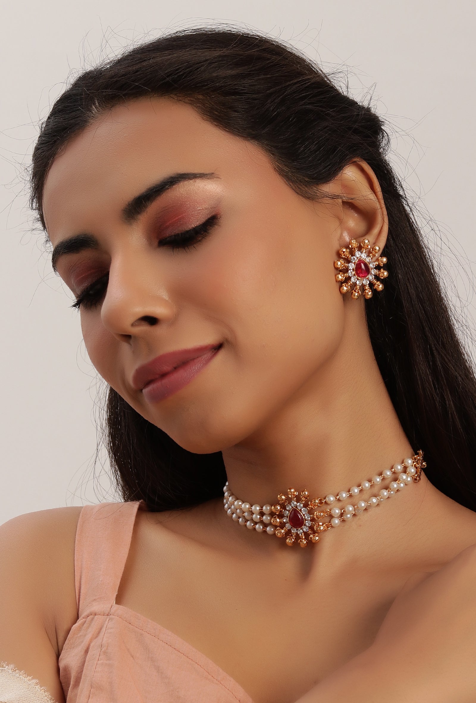 Ethnic Three-Line Moti Mala Choker Set With Adjustable Neck Dori And Antique Tops