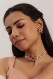 Ethnic Three-Line Moti Mala Choker Set With Adjustable Neck Dori And Antique Tops