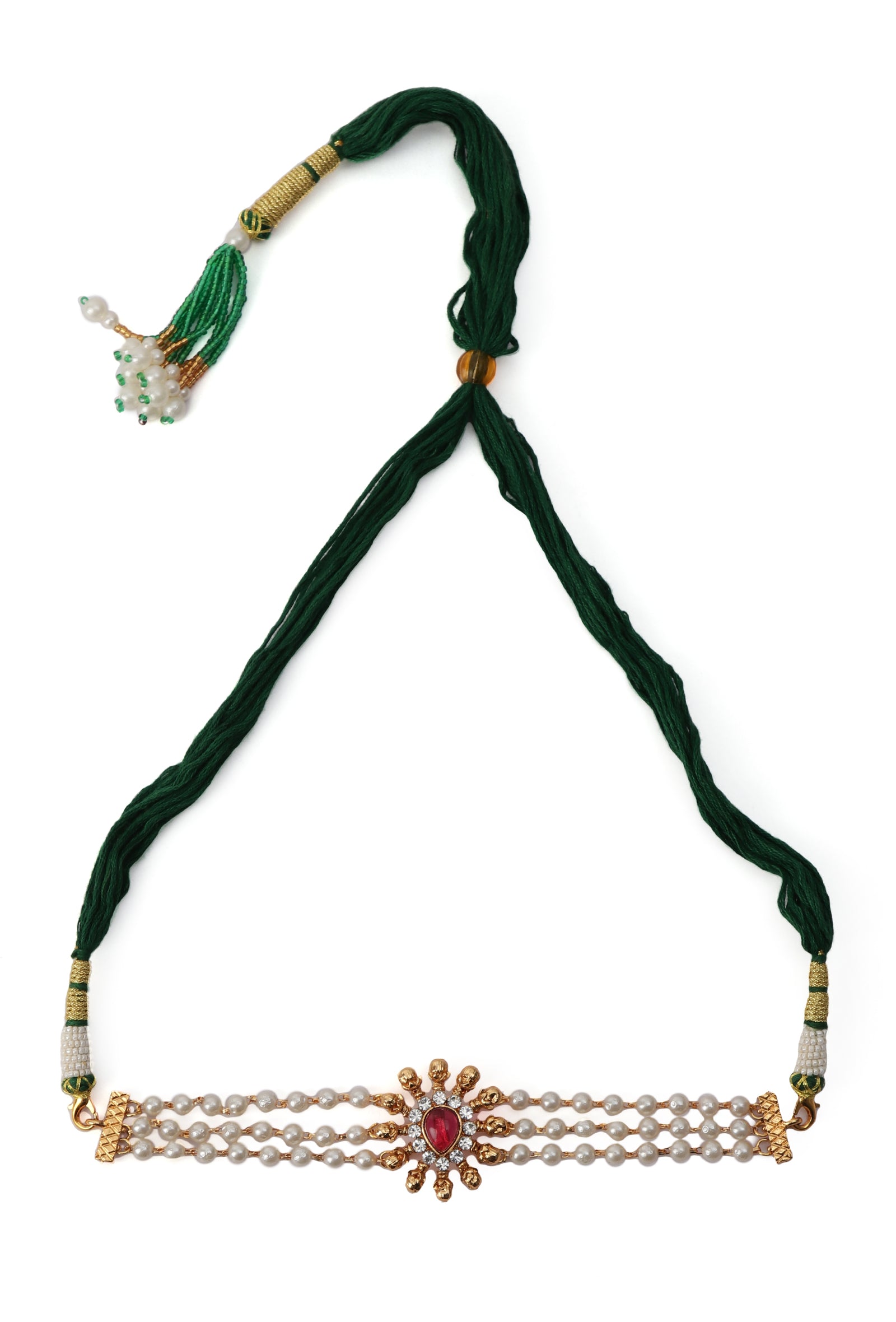 Ethnic Three-Line Moti Mala Choker Set With Adjustable Neck Dori And Antique Tops