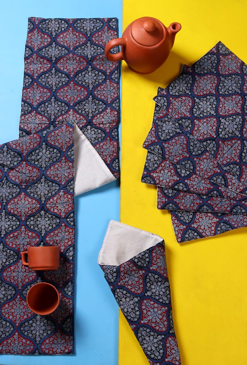 Red-Blue Quilted Ajrakh Runner And 6 Mats Set