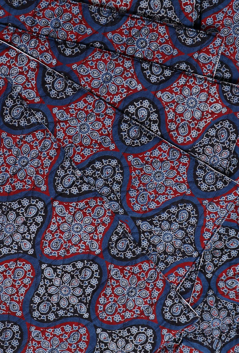 Red-Blue Quilted Ajrakh Runner And 6 Mats Set