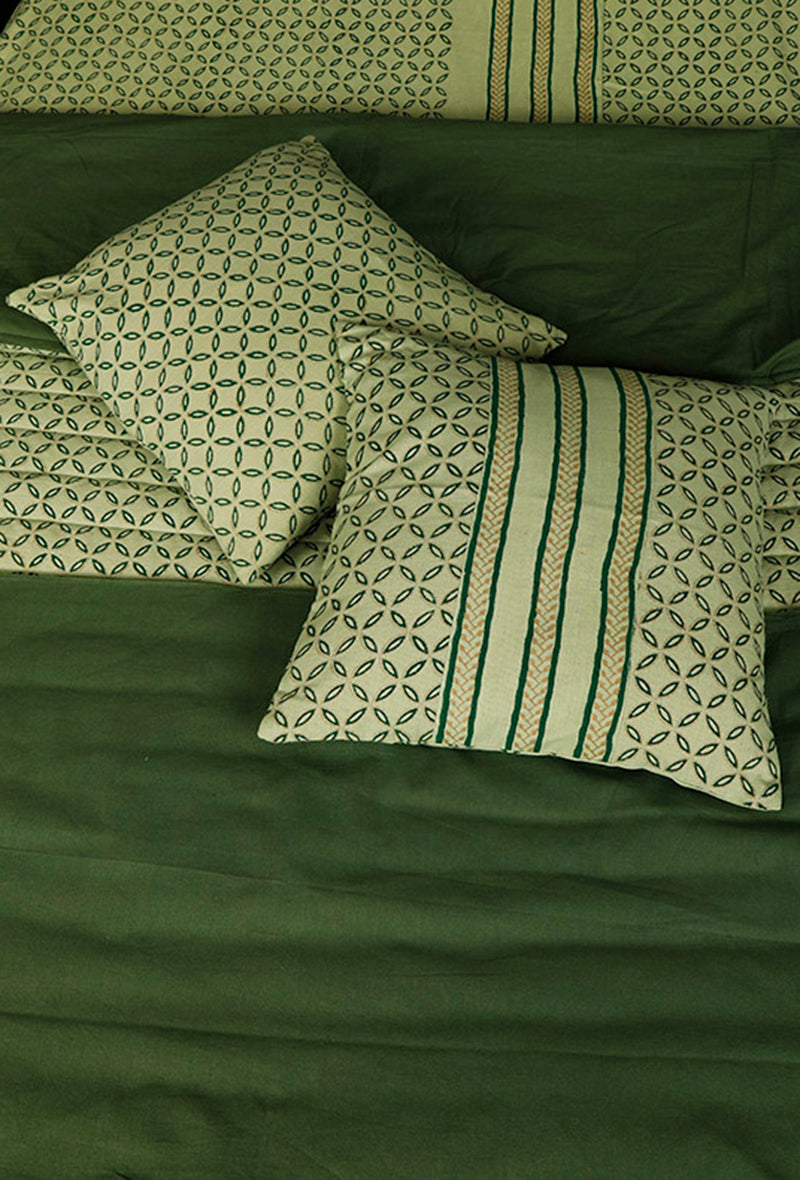 2-Piece Set Olive Green Hand Blocked Cotton Cushion Covers