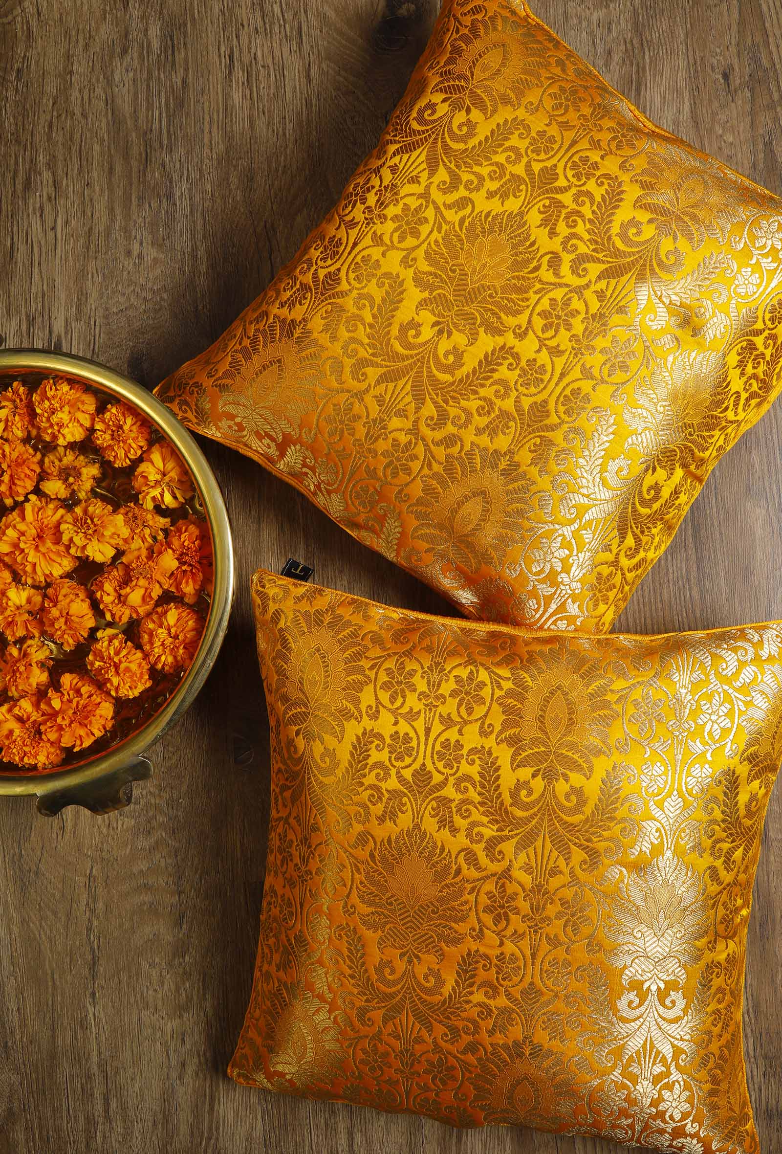 Set Of 2:Yellow Floral Brocade Cushion Covers