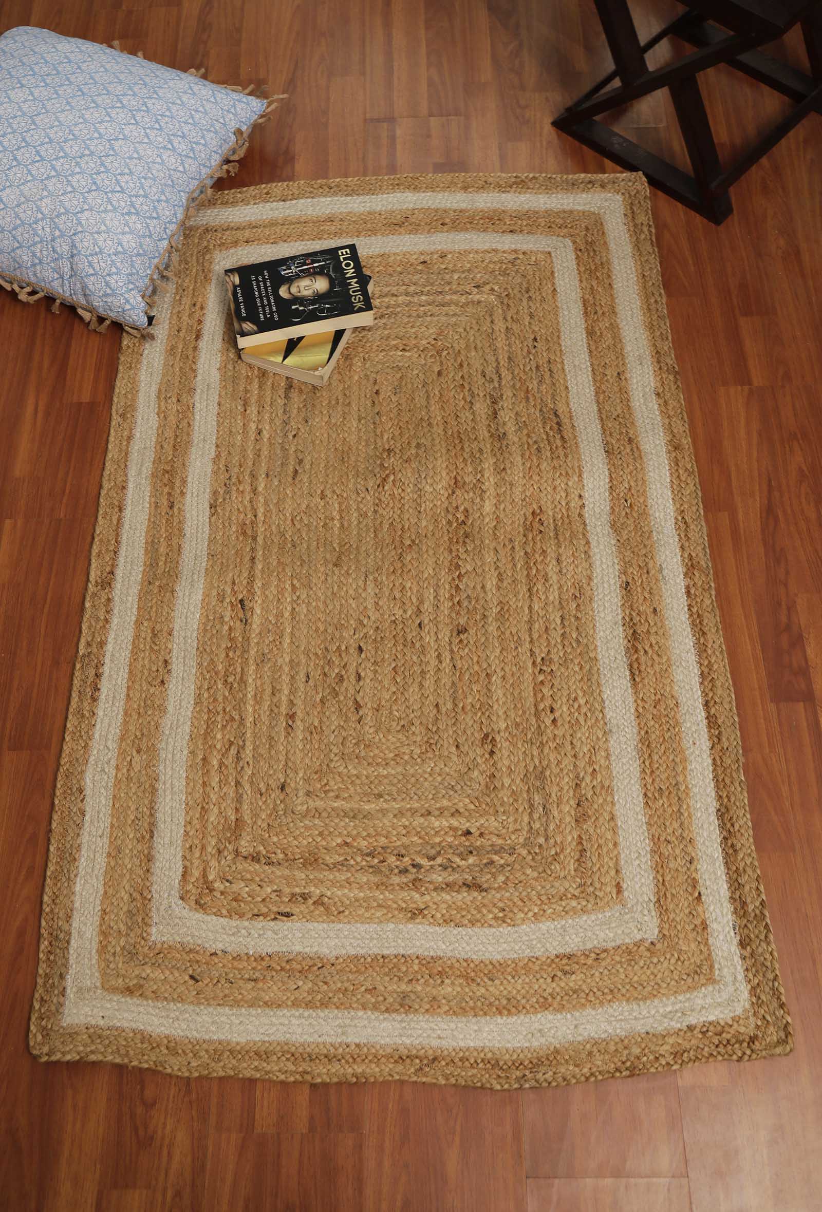 Elena White Stripe Rectangle pattern Handcrafted Jute Rug