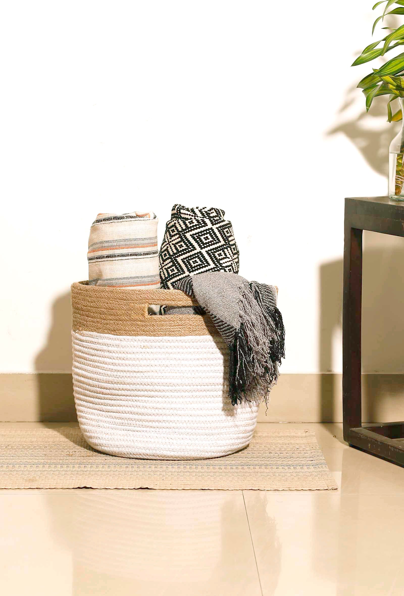 White and Beige Cotton Jute Basket