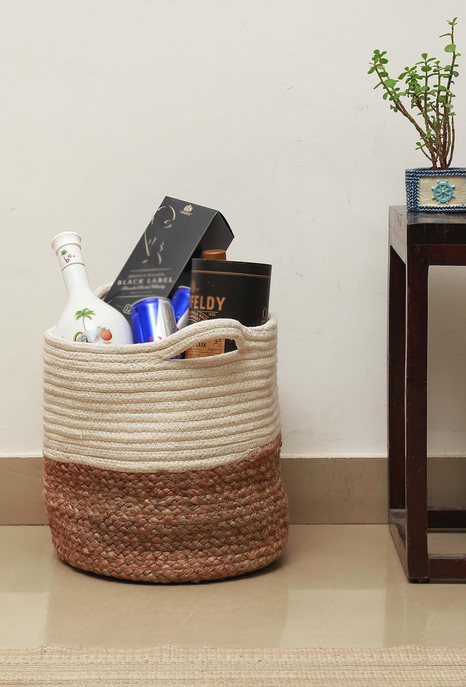 Mila White and Brown Cotton Jute Basket