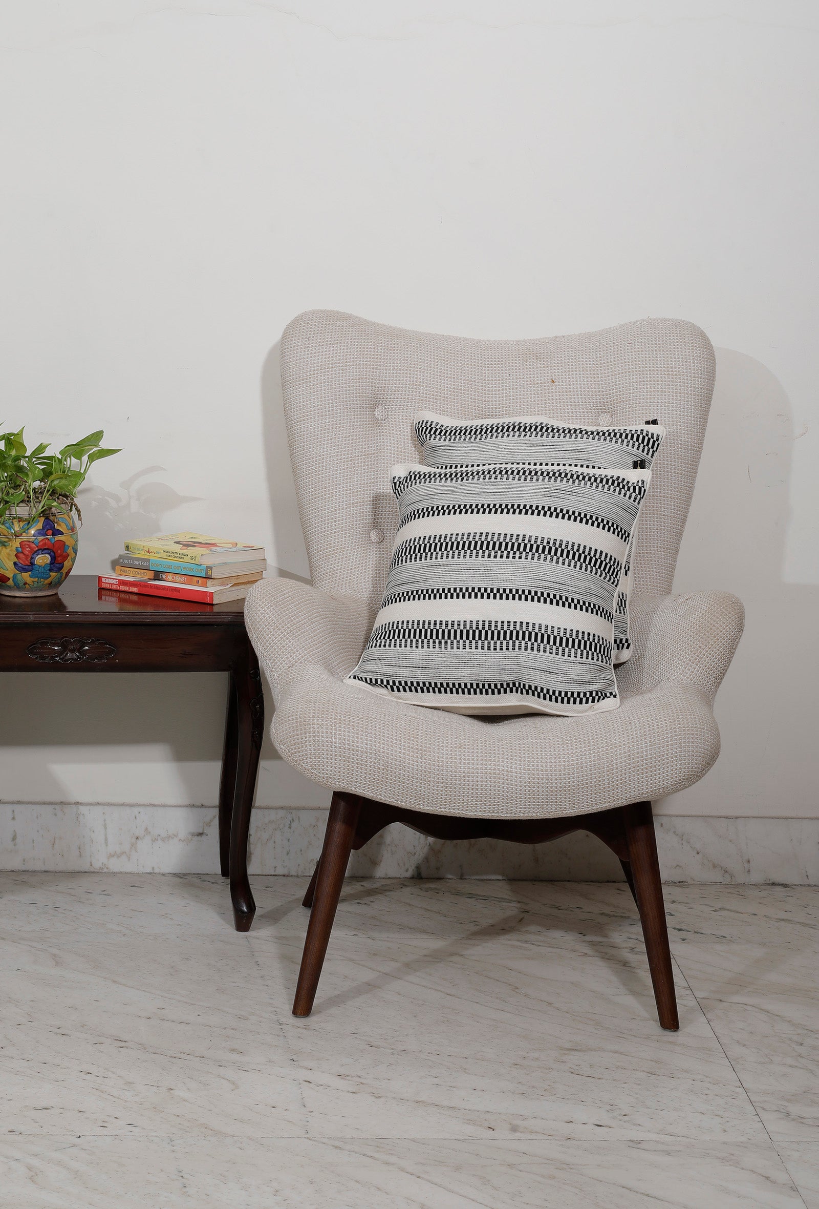 Set of 2: White Contrast Handcrafted Jacquard Cushion Covers