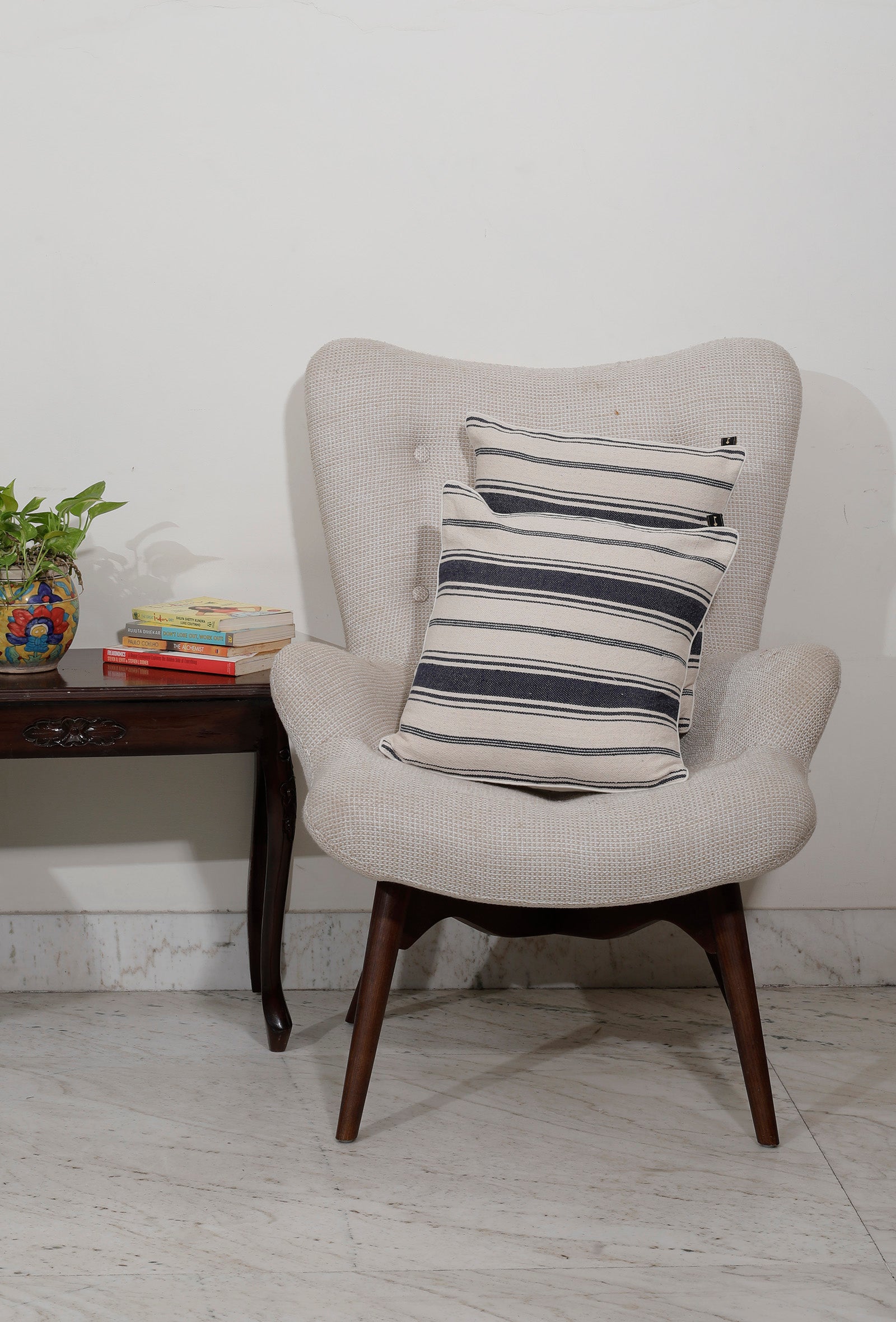 Set of 2: White Stripes Handcrafted Jacquard Cushion Covers