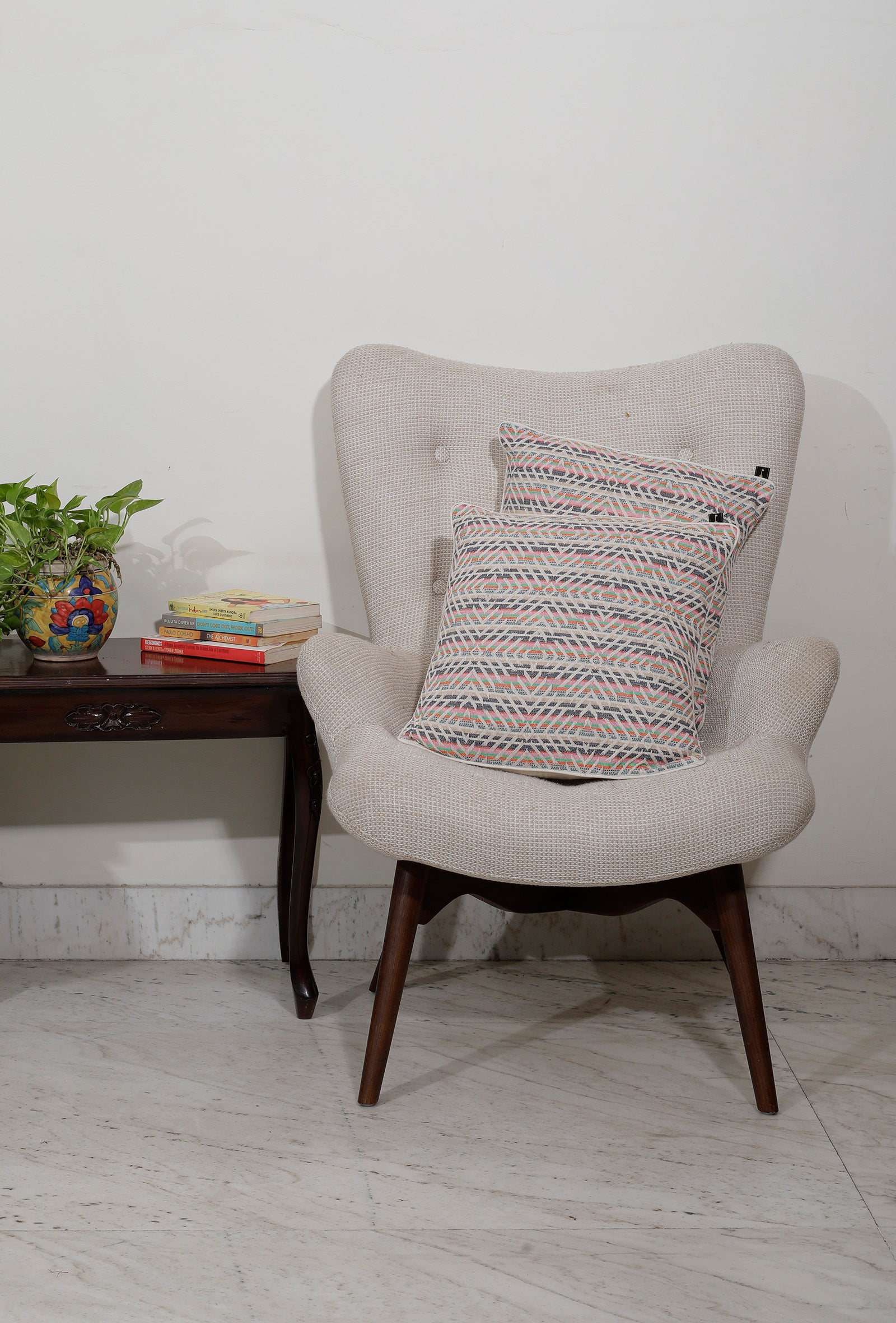 Set of 2: White with Red Contrast Handcrafted Jacquard Cushion Covers