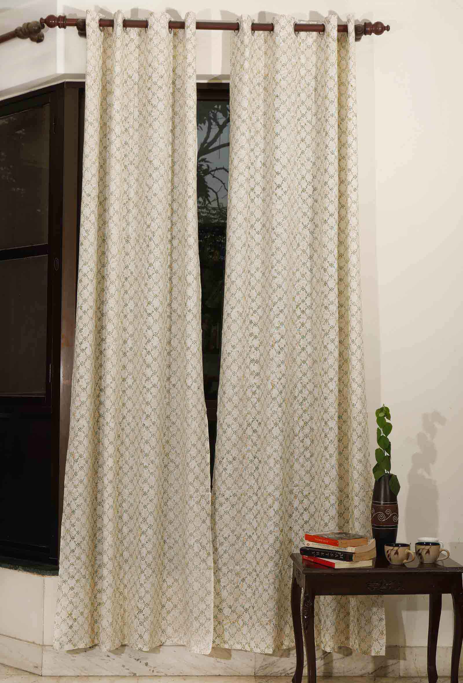 Set Of 2- Cream White Handblock Cotton Curtains