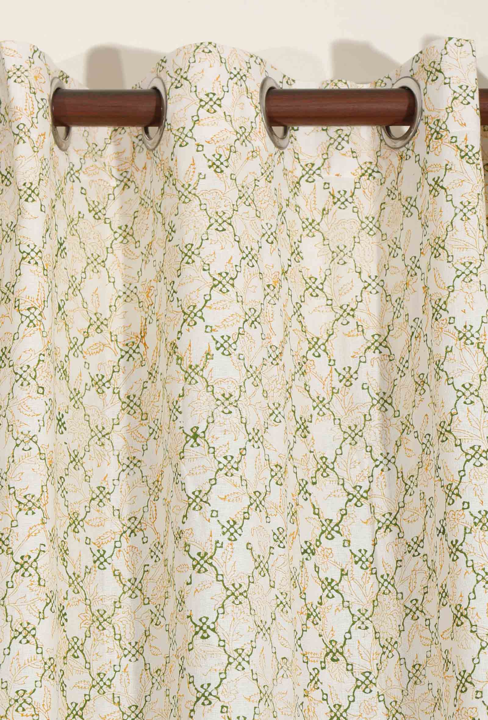 Set Of 2- Cream White Handblock Cotton Curtains