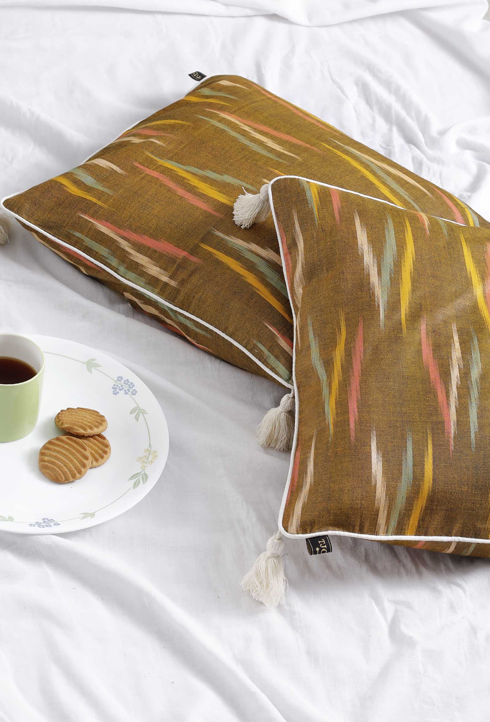 Set of 2: Chocolate Brown Ikat Cotton Cushion Covers