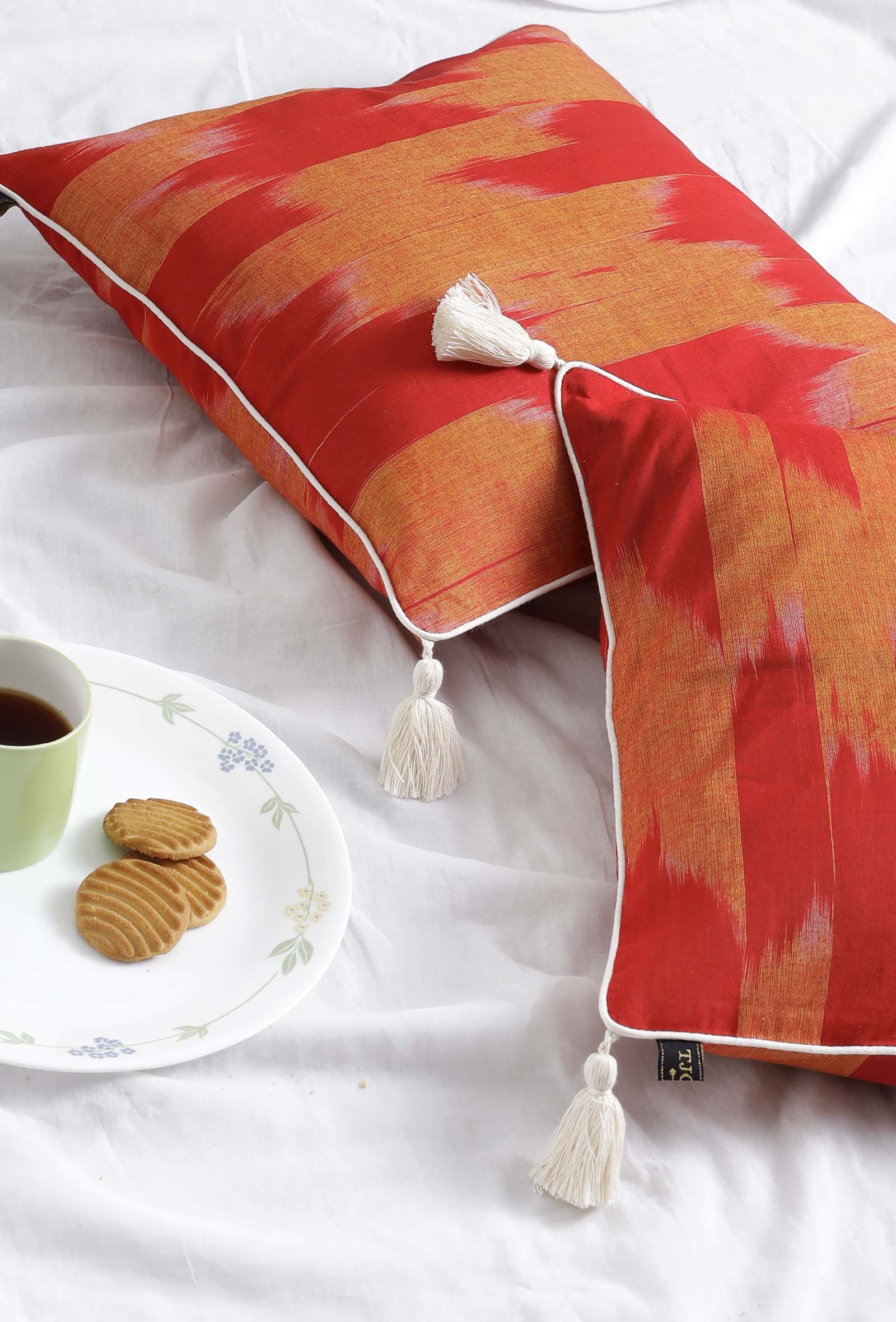 Set of 2: Cherry Red Ikat Cotton Cushion Covers