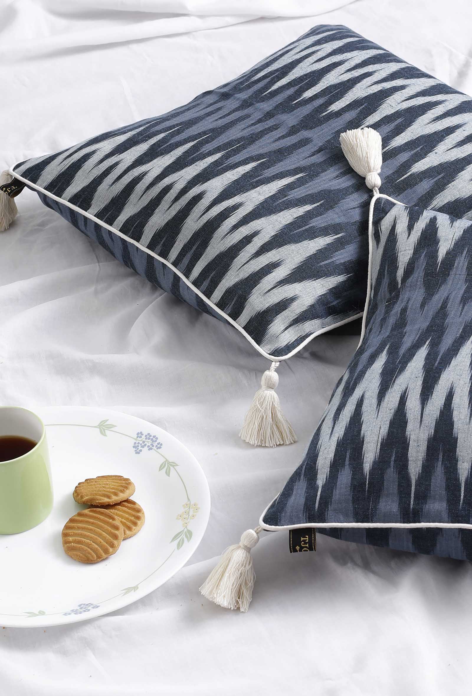 Set of 2: Prussian Blue Ikat Cotton Cushion Covers