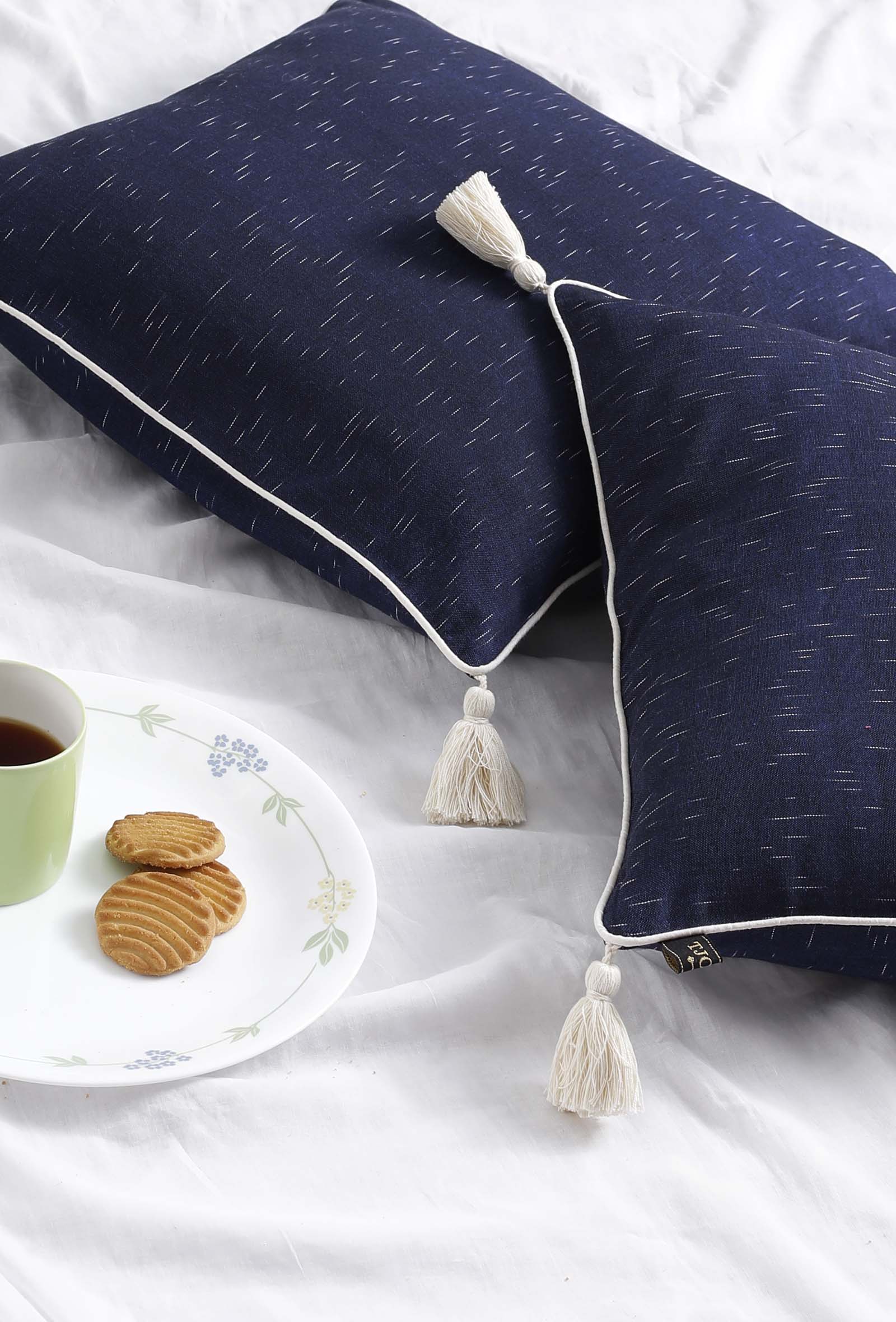 Set of 2: Amber Blue Ikat Cotton Cushion Covers