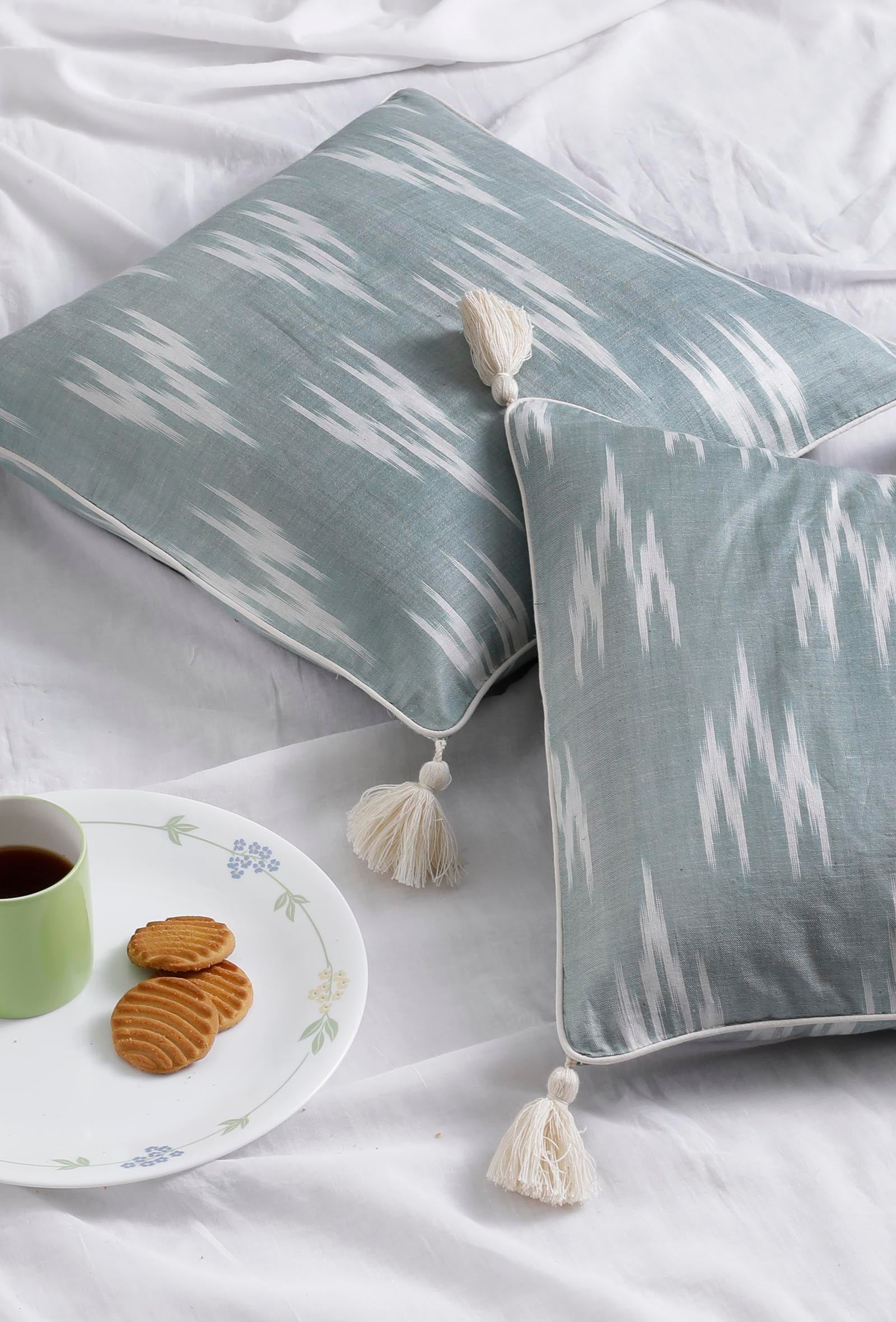 Set of 2: Slate Blue Ikat Cotton Cushion Covers