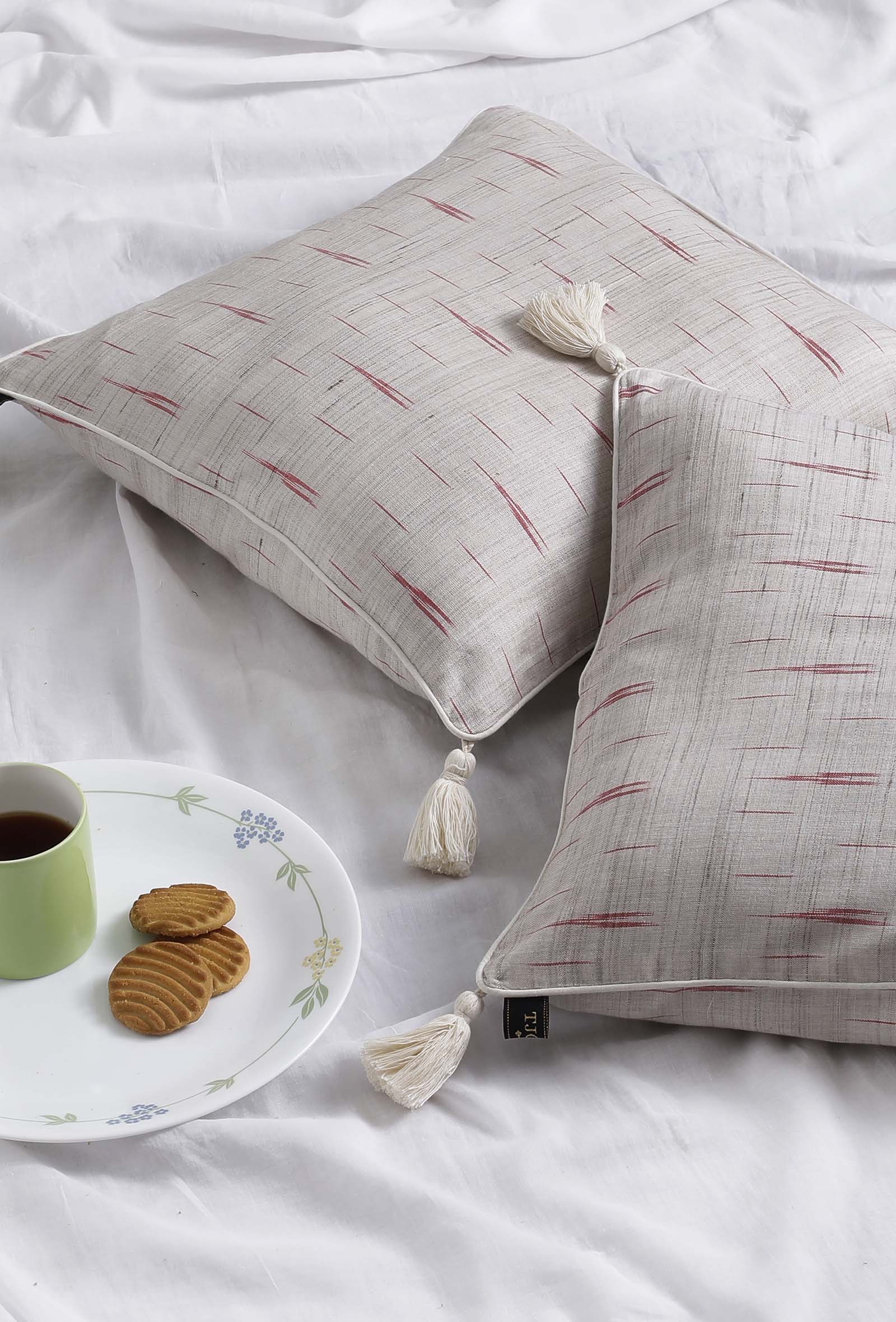Set of 2: Ivory Beige Ikat Cotton Cushion Covers