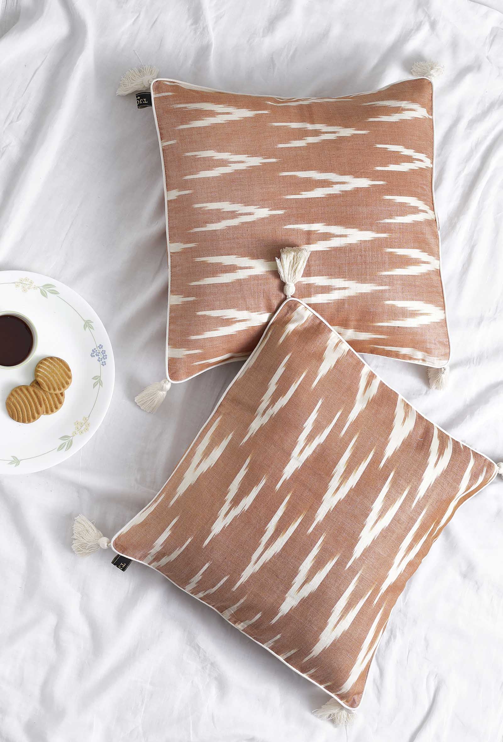 Set of 2: Coral Red Ikat Cotton Cushion Covers