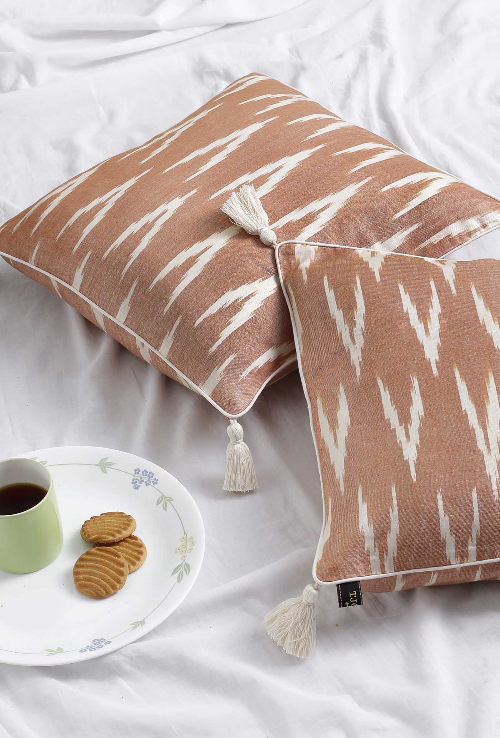 Set of 2: Coral Red Ikat Cotton Cushion Covers