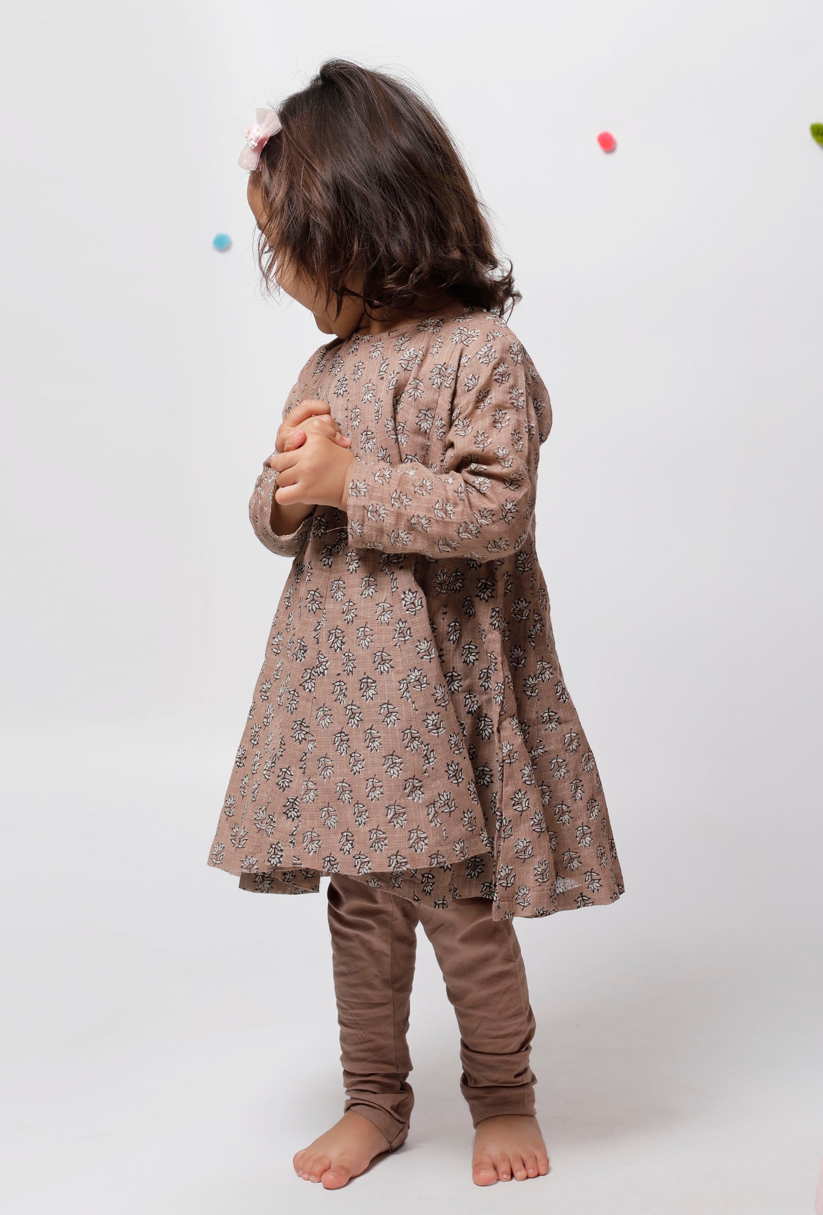 Set of 3 : Inaya Brown Floral Handblock Printed A Line Full Sleeves Kota Flared Kurta with Plain Cotton Elastic Choordiaar and Kota Dupatta