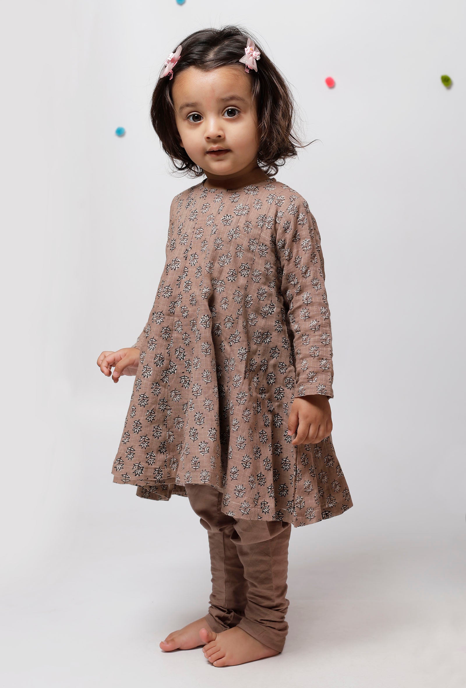 Set of 3 : Inaya Brown Floral Handblock Printed A Line Full Sleeves Kota Flared Kurta with Plain Cotton Elastic Choordiaar and Kota Dupatta