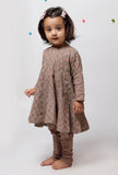 Set of 3 : Inaya Brown Floral Handblock Printed A Line Full Sleeves Kota Flared Kurta with Plain Cotton Elastic Choordiaar and Kota Dupatta