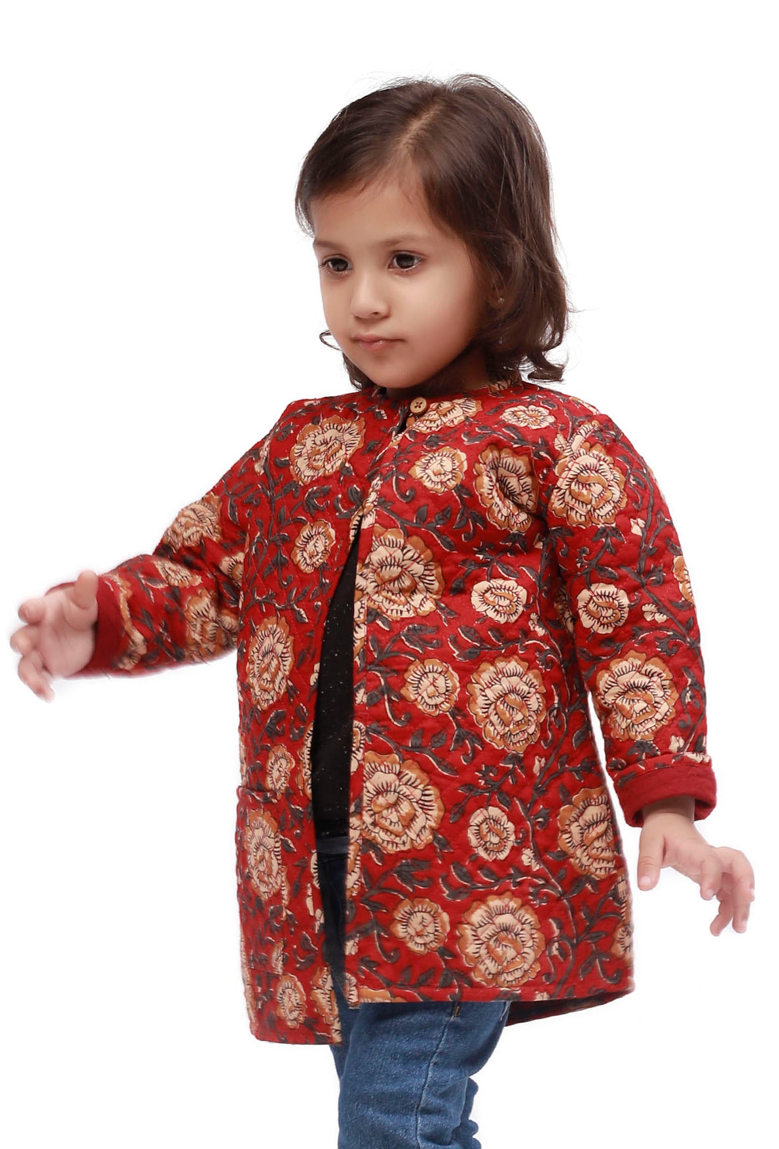 Red Kalamkari Print Quilted Reversible Jacket