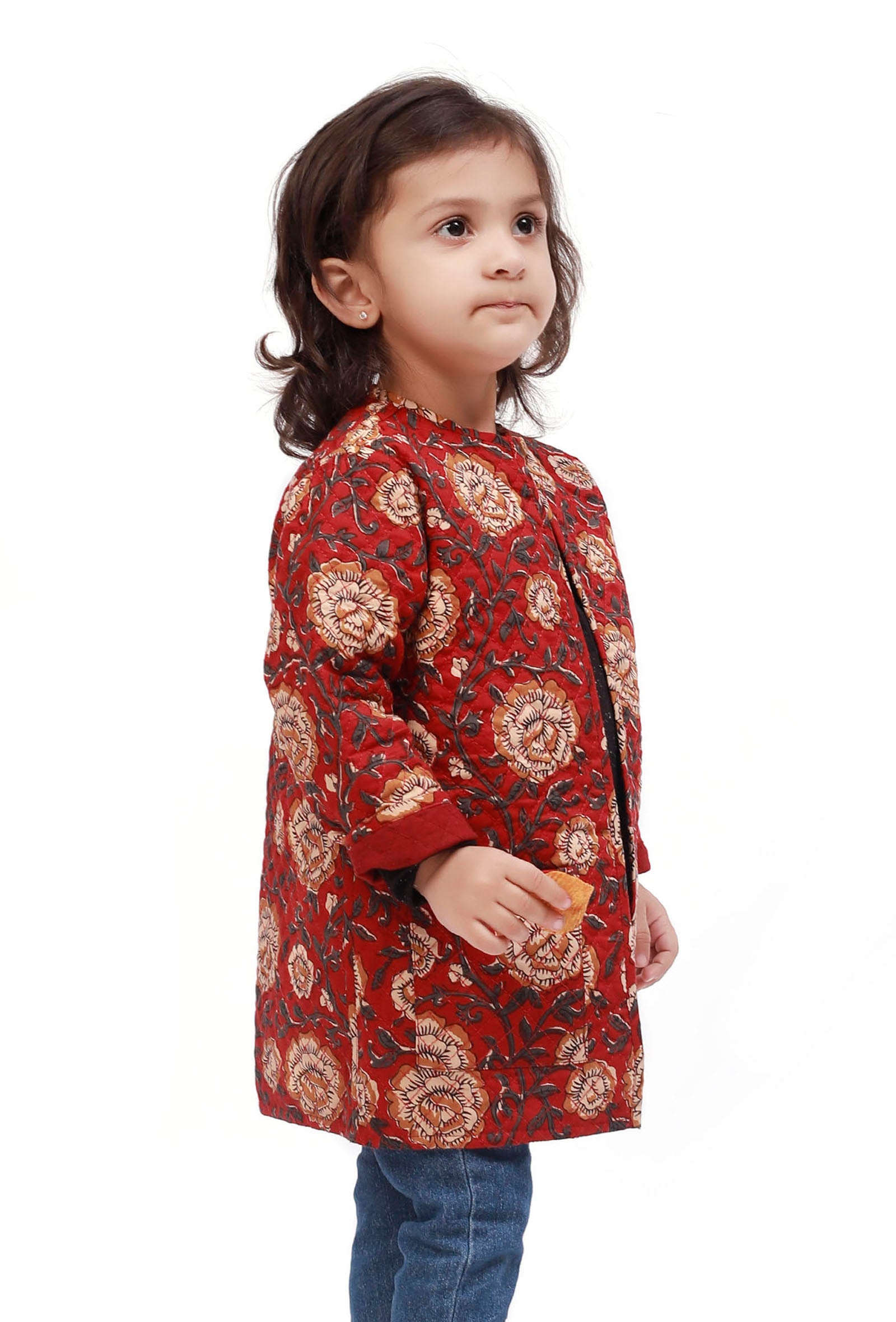 Red Kalamkari Print Quilted Reversible Jacket