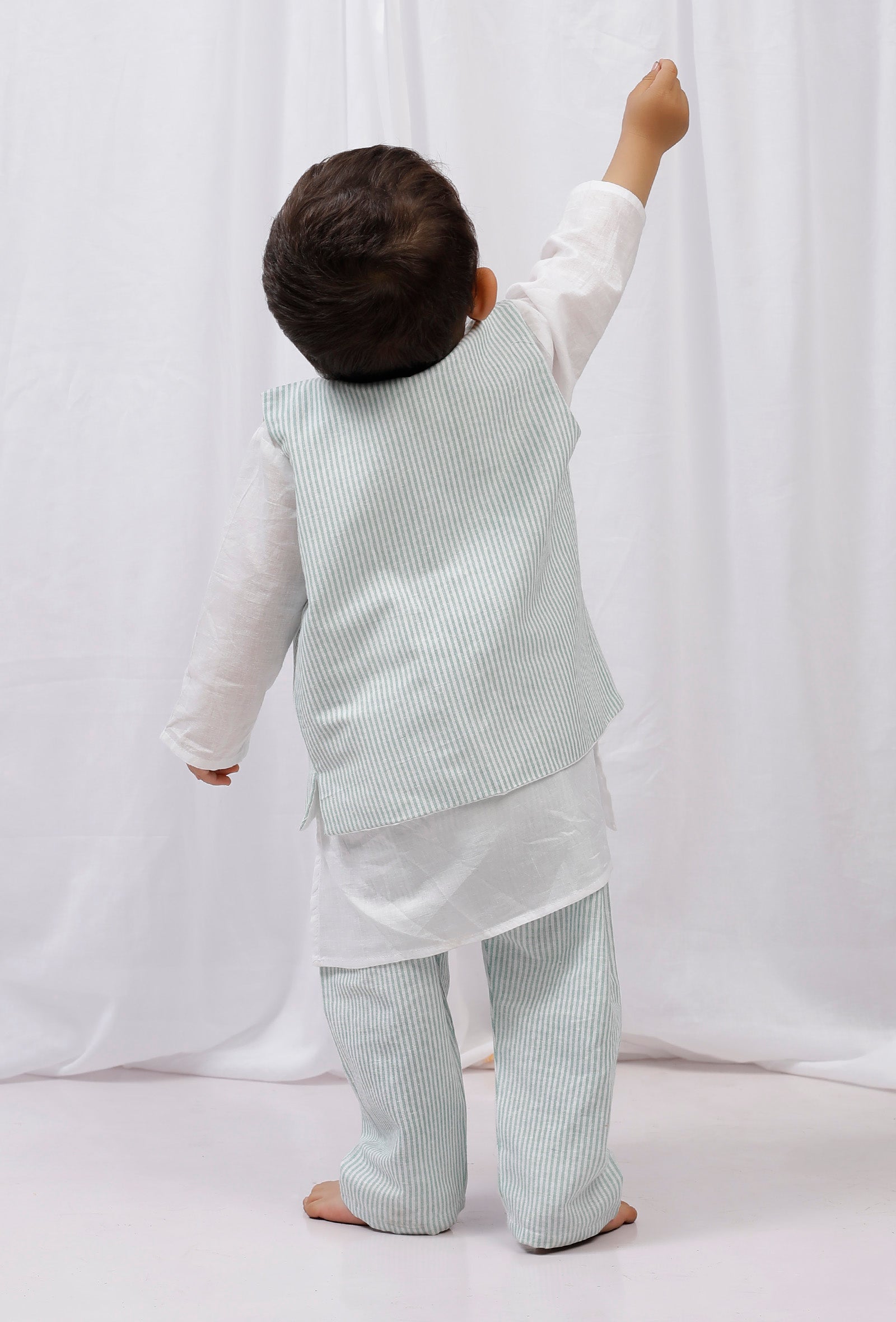 Set of 3: White striped Cotton Kurta and Pajama with Green Striped Nehru Jacket