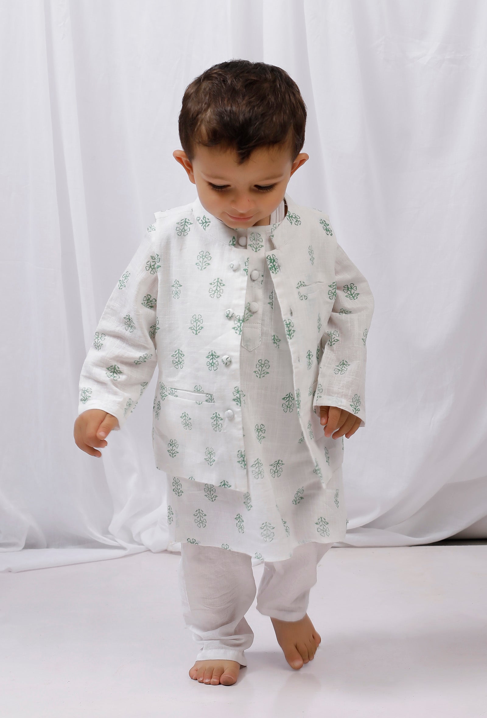 Set of 3: Green Hand Block Printed Cotton Kurta, Pajama & Nehru Jacket