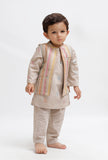Set Of 3:  Beige Dobby Kurta and Beige Pant with Beige Striped Nehru Jacket