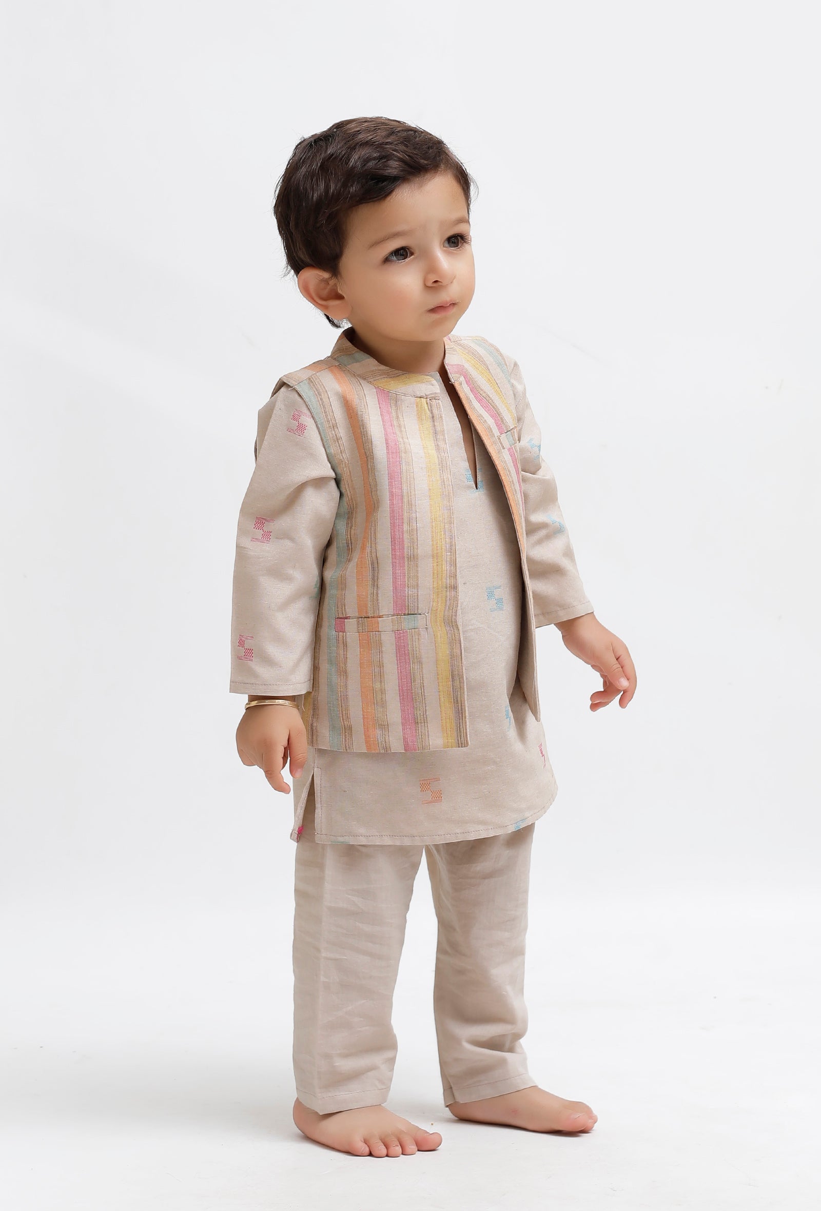 Set Of 3:  Beige Dobby Kurta and Beige Pant with Beige Striped Nehru Jacket