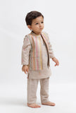 Set Of 3:  Beige Dobby Kurta and Beige Pant with Beige Striped Nehru Jacket