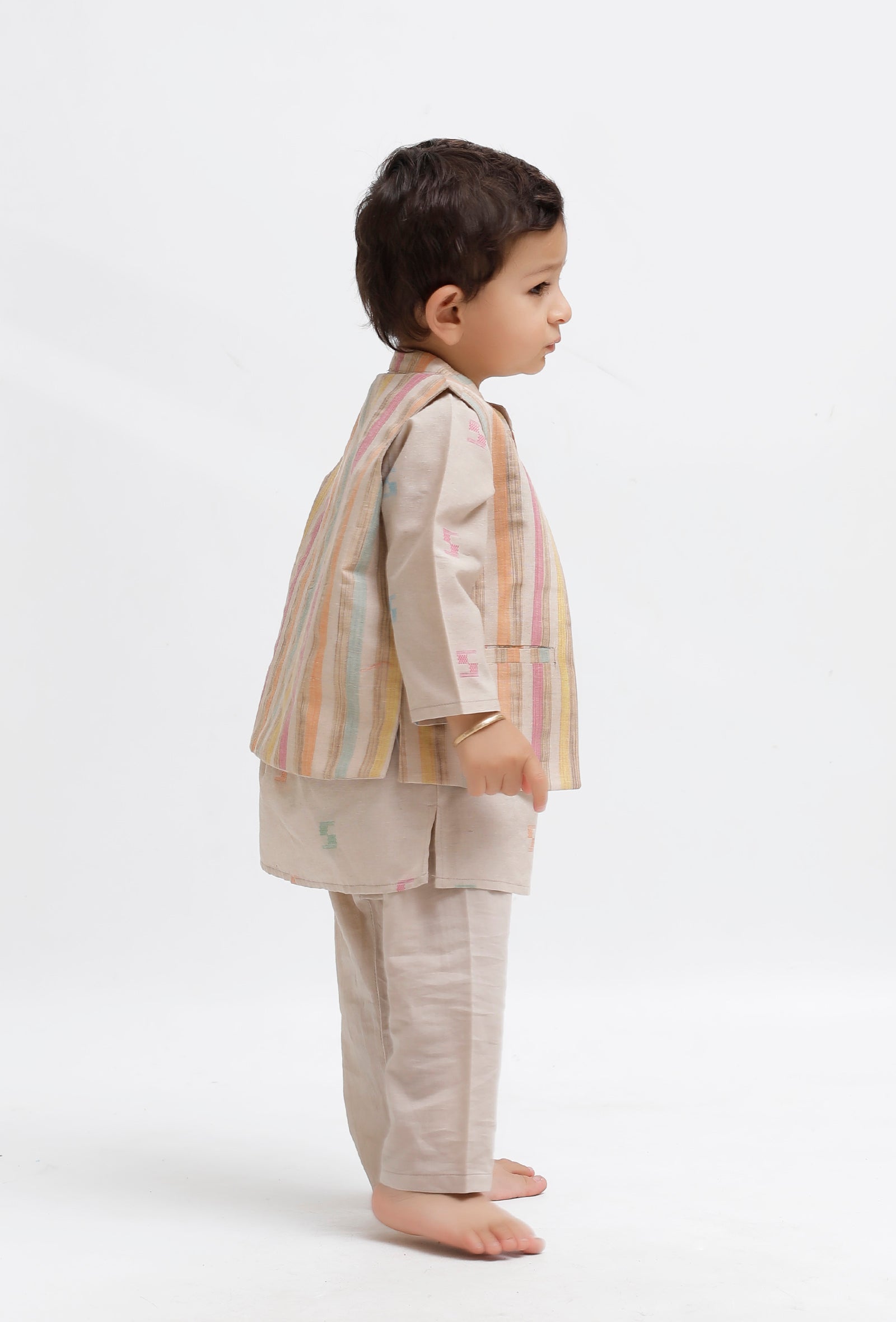 Set Of 3:  Beige Dobby Kurta and Beige Pant with Beige Striped Nehru Jacket