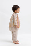 Set Of 3:  Beige Dobby Kurta and Beige Pant with Beige Striped Nehru Jacket