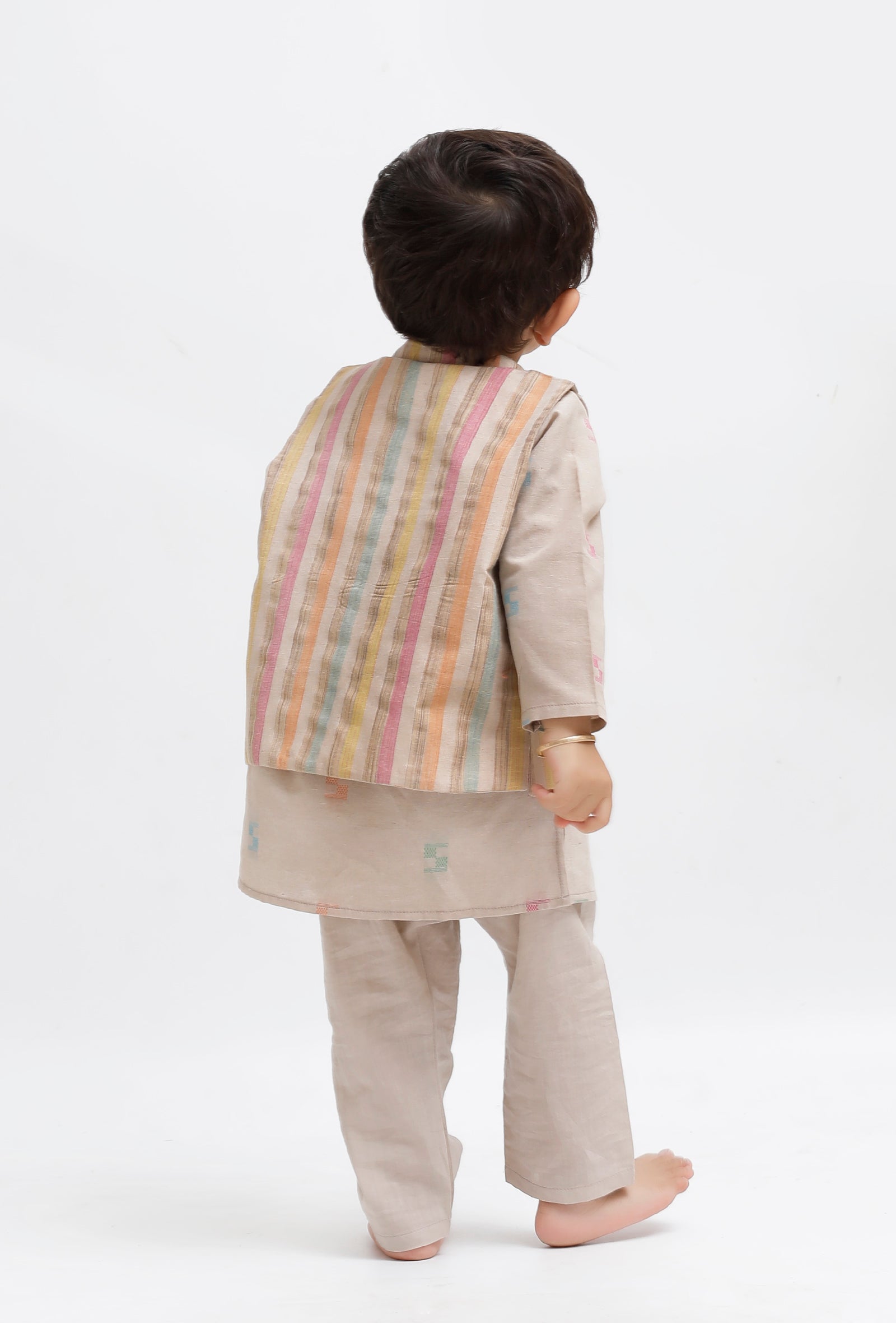 Set Of 3:  Beige Dobby Kurta and Beige Pant with Beige Striped Nehru Jacket